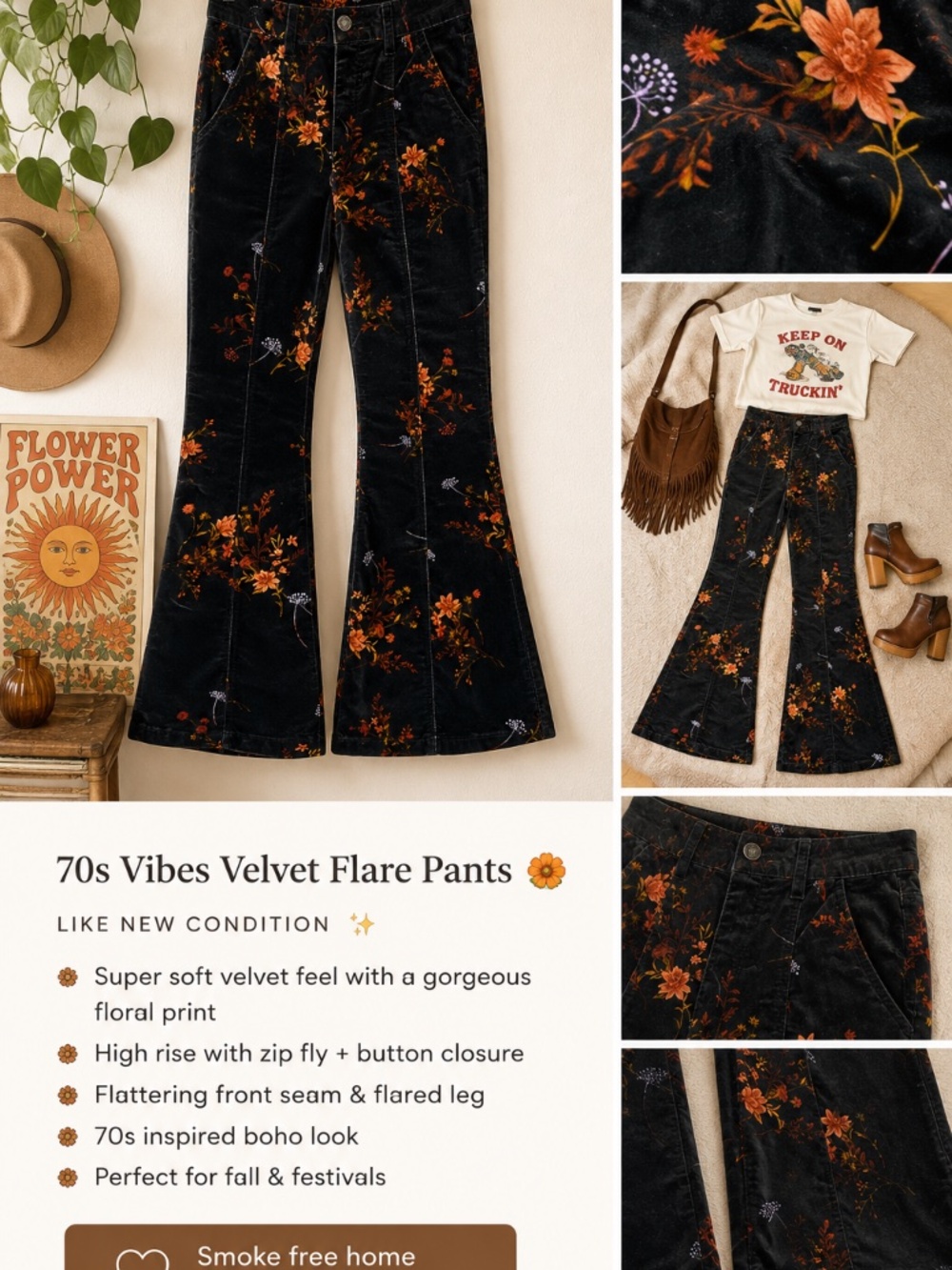 Forever 21 Velvet Floral Flare Pants | 70s Boho Vibes | Medium - Picture 6 of 7
